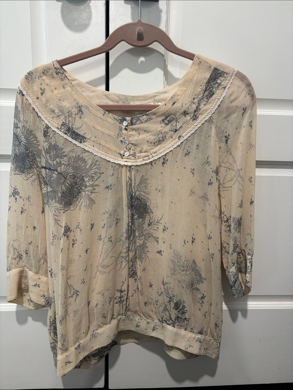 Zara Cream Blush Floral Button-Yoke Peasant Top